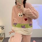 Triogift  Fleece Pajamas Women Autumn Winter Sleepwear Suit Cute Dormitories Loungewear Plush Thick Coral Velvet Home Clothes Sets Pijamas