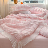 Triogift 1/3Pc Pink Korean Style Princess Lace Ruffles Soft Seersucker Summer Quilt Single Double Queen Quilted Summer Comforter Blanket