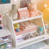 Triogift Kawaii Double Layers Desktop Storage Shelves Stationery Organizers Rack Large-capacity File Storage Tray Office Desk Accessories