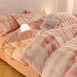 Triogift  Gradient Plush Bedding Thickened Milk Plush Bed Sheets Duvet Covers Coral Plush Bed Skirts