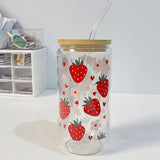 Triogift Kawaii Strawberry Glass Cup With Bamboo Lid And Straw 500ml Can Shaped Glass Cups Iced Hot Coffee Glasses Cute Tumbler Cup Gift