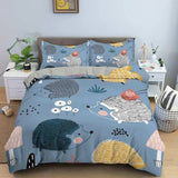 Triogift Hedgehog Duvet Cover Set 3D Cartoon Hedgehog Flower 2/3PCS Bedding Set Kids Boys Girls Animal Queen Size Polyester Quilt Cover