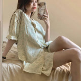 Triogift  Floral Sleepwear Women Pajamas Sets for Home Summer Ruffles Shorts Sleeve Lace 2 Pieces Button Night Wears Korean Home Suit