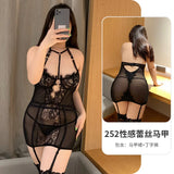 Triogift  Plus Size Corset Bustiers Body Shaper Lace Underwire Seduction Dress with Stockings Sexy Lingerie Halter Cross Backless Uniform