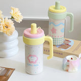 Triogift Kawaii Insulated Water Bottle With Straw Handle Infuser Cute Stainless Steel Leak Proof Tumbler Coffee Tea Juice Women Thermos