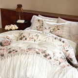 Triogift  Romantic Lace Ruffles Rose Flowers Print Bedding Set Natural Lyocell Cotton Soft Silky Duvet Cover Bed Sheet Only 2 Pillowcases