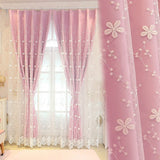 Triogift Beige Floral Embroidery Tulle with Pink Blackout Curtains for Bedroom Double Layer Thermal Insulated Panel Window Drapes