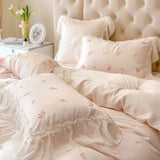 Triogift  Pink French Style Princess Bedding Set Rose Embroidery Lace Ruffles Lyocell Fabric Soft Silky Duvet Cover Bed Sheet Pillowcases