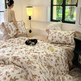 Triogift French Retro Light Luxury Washed Cotton Four Piece Set Bedroom Lace Duvet Set Single Bedding Set Dormitory Bed Linen