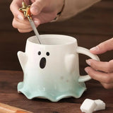 Triogift  -  1pc Cartoon Mug With Spoon Cute Ghost Elf Ceramic Cup Coffee Water Milk Juice Cup Novelty Gifts for Friends Lovers Couple Cups