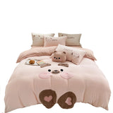 Triogift  Cute Cartoon Bear Soft Comfortable Velvet Fleece Towel Embroidery Bedding Set Duvet Cover Linen Fitted Sheet Pillowcases