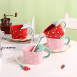 Triogift  -  Strawberry-Shaped Ceramic Coffee Cup and Saucer Set, Children's Water Cup, Household Ins Breakfast Cup, Fresh, Cute