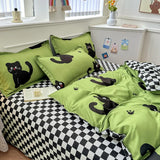 Triogift Cartoon Black Cat Duvet Cover Set,kitten Bedding Set 4pcs Quilt Cover 1 Flat Sheet and 2 Pillow Shams,polyester Comforter Cover