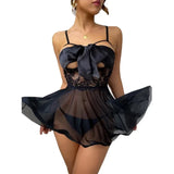 Triogift  Plus Size Women Sexy Lingerie Bow Bandage Open Chest Nightdress Transparent Porno Babydoll Lenceria Erotic Lace Gauze Sleepwear