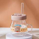 Triogift  -  1pc 500ml Cartoon Bear Glass Cup With Lid And Straw High Borosilicate Water Mug With Handle Iced Coffee Cups Drinking Glasses