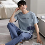 Triogift  New Men Pajamas Sets Summer Autumn Cotton Short-sleeved Trousers Leisure Home Service Suit Teen Sleepwear Suit Male