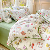 Triogift  Pastoral Girls Flower Bedding Sets, Washed Cotton Bed Linens, Soft Quilt Cover Sheet Set, Simple Bedspread, Home Textiles