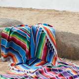 Triogift Bohemian style beach blanket, hand striped beach mat with tassels, Mexican style picnic blanket