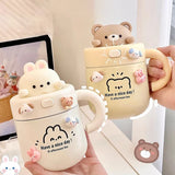 Triogift -  1pc Bear Coffee Thermal Cup For Hot Cold Drinks Water Tea Milk Thermos Mug Stainless Steel Cup With Straw Lid Portable Bottle