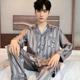 Triogift  Men's Pajama Summer Long-sleeved Ice Silk New High Quality Stain Sleepwear Suit Home Clothes Male Night Wear Pyjamas Gentlemen