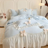 Triogift  Korean Princess Style Cotton Bedding Set Single Queen King Pleat Ruffles White Ball Duvet Cover Set Bed Sheet Pillowcases