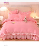 Triogift  Pink Princess Girls Ruffle Lace Bedding Sets Luxury Quilt Cover Bed Sheet and Pillowcases Soft Bedclothes Decor Home