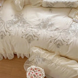 Triogift  1200TC Egyptian Cotton Luxury Princess Wedding Bedding Set Flowers Embroidery Lace Ruffles Duvet Cover Set Bed Sheet Pillowcases