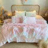 Triogift Pink Korean Princess Style Lace Ruffles Wedding Bedding Set Seersucker Washed Cotton Soft Duvet Cover Set Bed Sheet Pillowcases