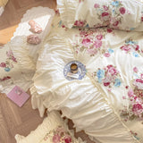 Triogift Korean Style Bedding Sets Luxury 100% Cotton Floral Print Princess Lace Ruffle Duvet Cover Bed Skirt Bedspread Pillowcases