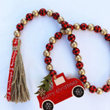 Triogift  Christmas Wood Bead Garland With Red Truck Snowflake Pendant Xmas Wooden Bead Garland Tassel Rustic Farmhouse Christmas Decor