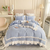 Triogift  Elegant Lace Bedding Sets Luxury Bed Linen Princess Washed Cotton Ruffle Duvet Cover Bed Sheet and Pillowcases for Girl Luxury