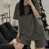 Triogift Striped Women Pajamas Sets for Home Summer Button Sleepwear Shorts Sleeve Bow 2 Pieces Night Wears Korean Casual Home Suit