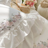 Triogift 100% Cotton Princess White Bedding Sets Korean Ruffle Bedspread Flower Embroidery Duvet Cover Bed Skirt Pillowcases Home Textile