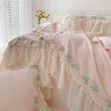 Triogift  Princess Bedding Sets Egyptian Cotton Pink Lace Flowers Embroidery Duvet Cover Bed Sheet Pillowcases Home Textile