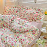 Triogift Pastoral Style Floral Bedding Set For Girls Double Size Flat Sheet Duvet Cover and Pillowcase Soft Bed Linen Home Textiles