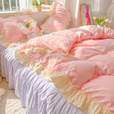 Triogift  Princess Korean Style Bedding Set Aesthetic Queen Full King Size Solid Color Double Bed Bedspread Sheets Ruffled Duvet Cover Set