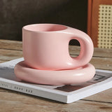 Triogift 1set 400ml Ceramic Coffee Chubby Mug Saucer Set Creative Cute Fat Handle Cup With Saucer For Office And Home Room Decor