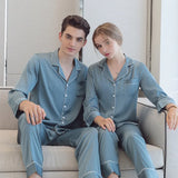 Triogift  Ice Silk Couple Pajamas Men Women Summer Long Short Sleeve Cardigan Lapel Suit Thin SatinPlus Size Home Cloth Nightwear Male