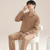 Triogift  High Quality Men Pajamas Suit Autumn Winter 100%Pure Cotton Night Wear Lapel Pajamas Male Comfortable Soft Sleepwear Set Boy