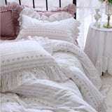 Triogift  France Style Bedding Set Luxury Purple Princess Bedspread White Printing Egyptian Cotton Lace Duvet Cover Bed Skirt Pillowcases