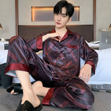 Triogift  High Quality Men's Pajamas Suit Spring Autumn Ice Silk Long sleeved Cardigan Outdoor Satin Sleepwear Male Homeclothes Summer Boy