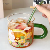 Triogift  -  Kawaii Animal Glass Cup With Lid Straw Cute Flower Coffee Mug Milk Wine Hot Drinks Korean Water Juice Cup Drinkware Gift 600ml