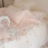 Triogift  French Romantic Bedding Set Luxury Flower Embroidery Princess Pink Ruffle Milk Velvet Quilt Duvet Cover Bed Sheet Set Bedclothes