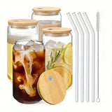 Triogift  -  1/2/4pcs Drinking Glasses With Bamboo Lids And Glass Straw Set 16oz Can Shaped Glass Cups Beer Iced Coffee Glasses Tumbler Cup