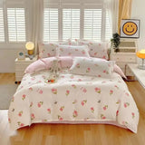 Triogift  Cute Pink Strawberry Duvet Cover Flat Sheet Pillowcase Floral Bedding Set Girls Bed Linen Soft Thick Washed Cotton Bedclothes