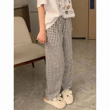 Triogift Plaid Pajamas Pants for Women Sleep Korean Style Sleepwear Summer Ankle Length Bottoms Home Room Elastic Waist Sleeping Wear New