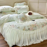 Triogift Princess Chiffon Lace Bedding Sets Luxury Green Egyptian Cotton Flowers Embroidery Duvet Cover Bed Sheet Pillowcases New