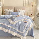 Triogift  Elegant Lace Bedding Sets Luxury Bed Linen Princess Washed Cotton Ruffle Duvet Cover Bed Sheet and Pillowcases for Girl Luxury