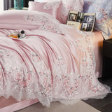 Triogift  High end Hotel Wedding Bedding Set Bed Linen Duvet Cover Set With Embroidery 600 Thread Long Staple Cotton Pink Princess 3/4 PCS