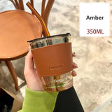 Triogift  -  350/450ml Coffee Straw Cup With Lid Heat-Resistant Water Bottle Beer Drinkware Coffee Mug With Straw Deer Printed Leather Glass